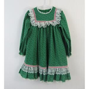 Bryan Green Red & White Floral Holiday Dress Ruffles Cottage Prairie Vintage